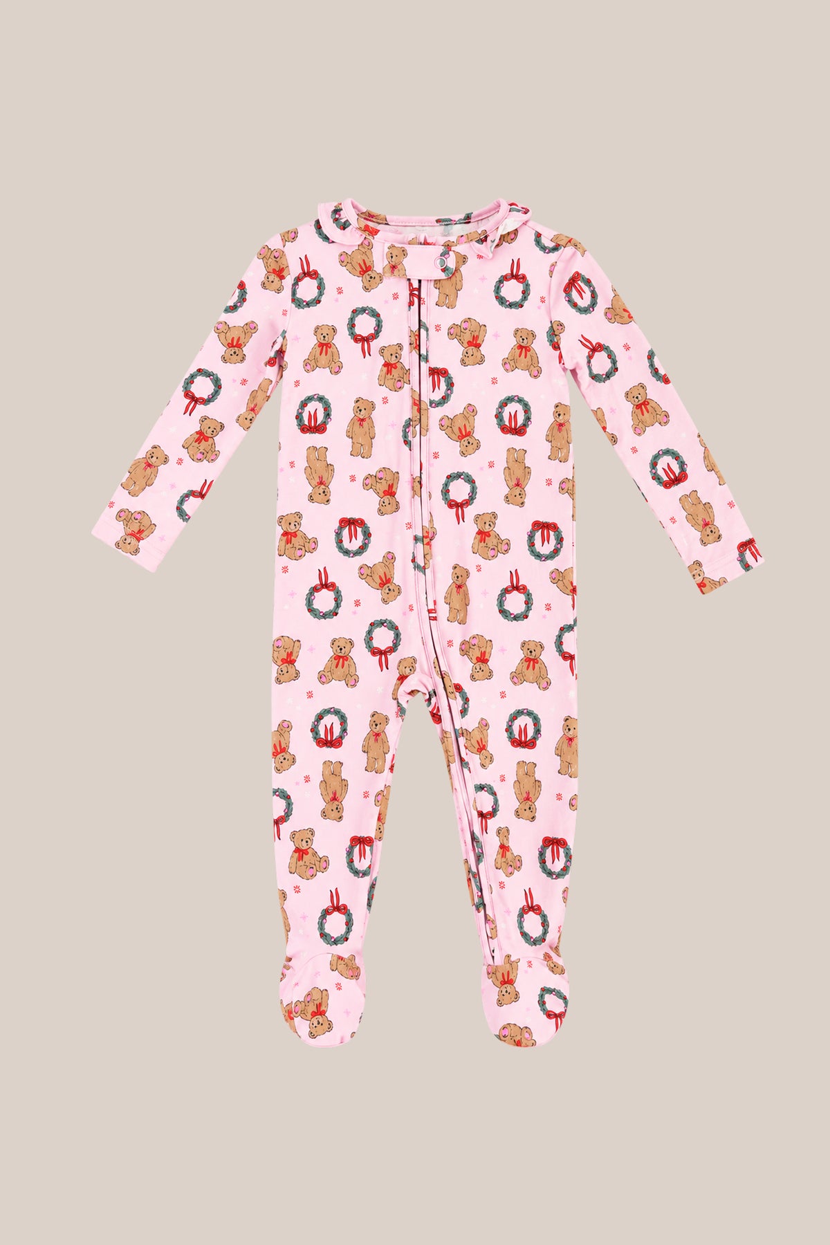 The Ivy City Co Baby So Soft Onesie in Teddy Bear Wreaths features pink, long sleeves, soft cotton-modal knit, gingerbread men and wreath patterns, plus a convenient front zipper closure—perfect for holiday comfort.