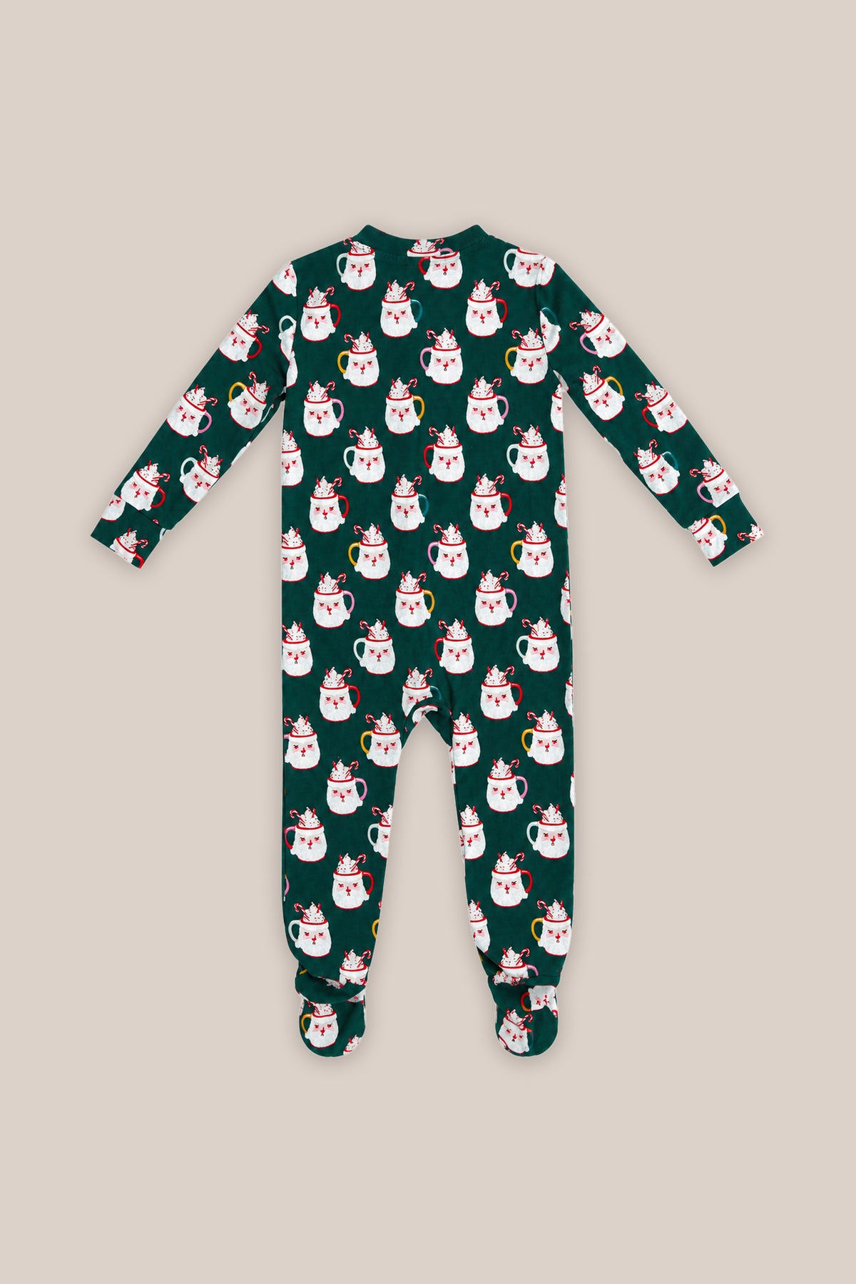 The Baby So Soft Onesie in Very Merry Santa by Ivy City Co is a long-sleeve, footed onesie in festive green with white cartoon cats—perfect soft cotton-modal baby Christmas pajamas.