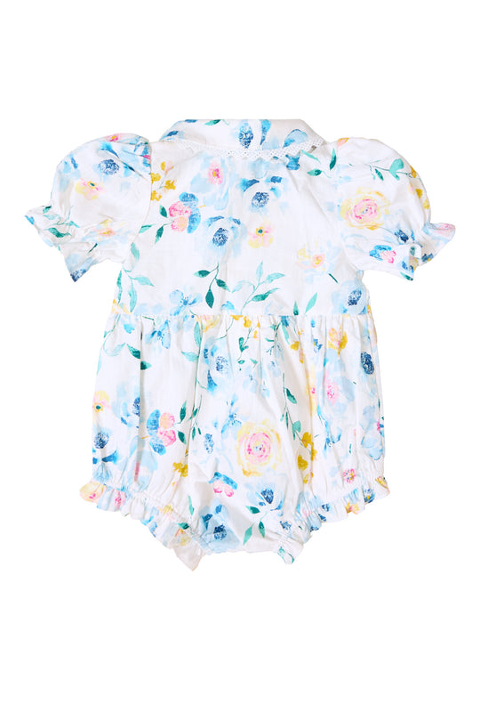 the back of a blue baby romper against a white background