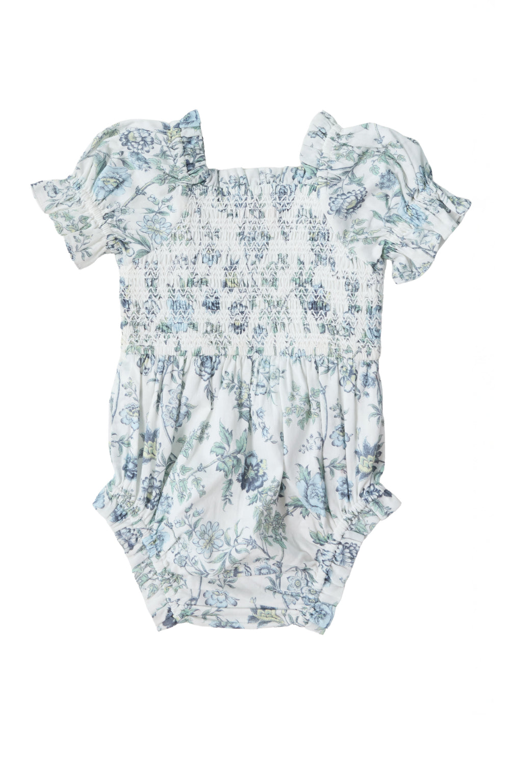 The Baby Valencia Romper in Ivory Climbing Vine Bloom by Ivy City Co features short puff sleeves, a smocked bodice, and a blue and green floral pattern on white, crafted from 100% cotton for comfort.