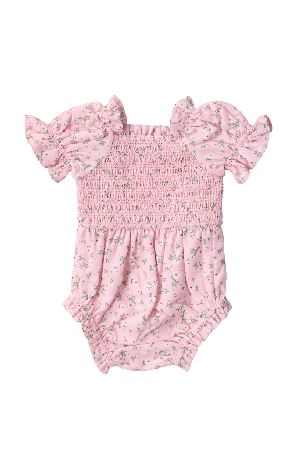 The Ivy City Co Baby Valencia Romper in Pink Ditsy Floral features ruffled short sleeves, a shirred bodice, and elastic leg openings—making it a charming choice for your little one.