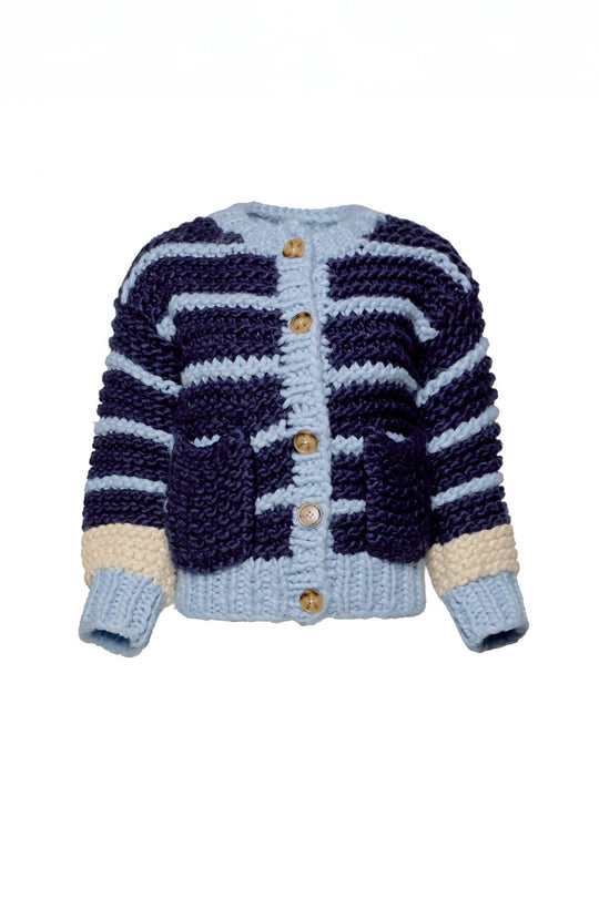 Knitted cardigan with blue and beige pattern on a white background