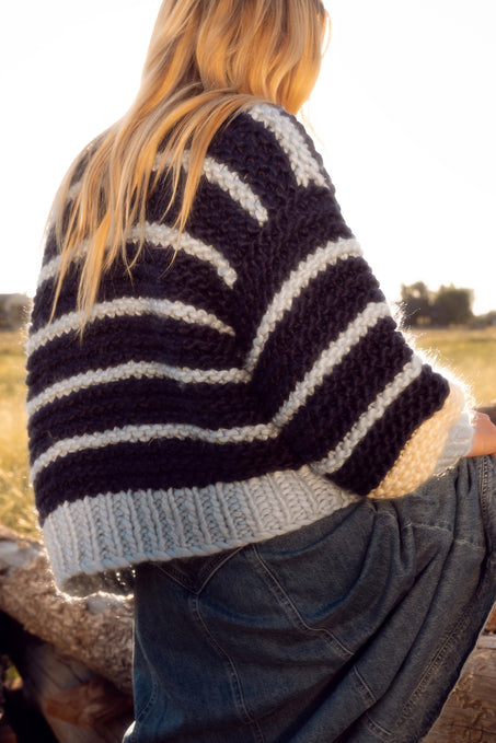 Person wearing a navy blue and light blue striped sweater in an outdoor setting