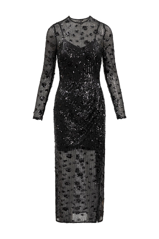 Black sequin dress with long sleeves on a white background