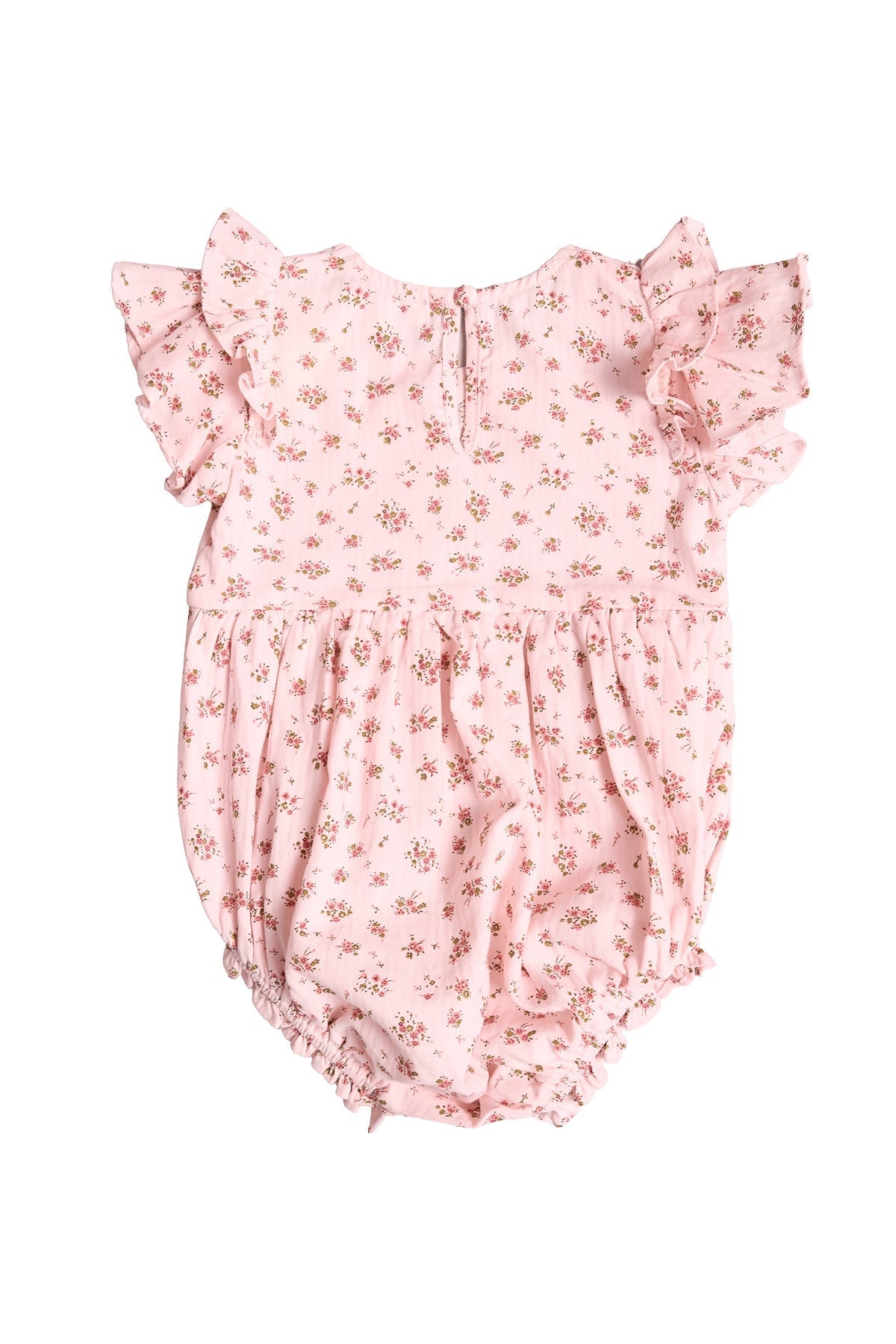 The Ivy City Co Baby Hattie Romper in Madeline Pink features short ruffled sleeves and a delicate floral pattern, with a round neckline and gathered leg openings—making it an adorable choice for a first birthday outfit—shown here against a white background.
