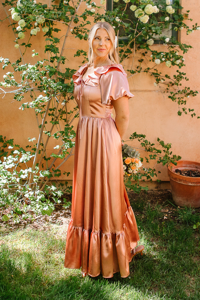 billie drape midi dress Billie Dress in Apricot Crush Satin 2