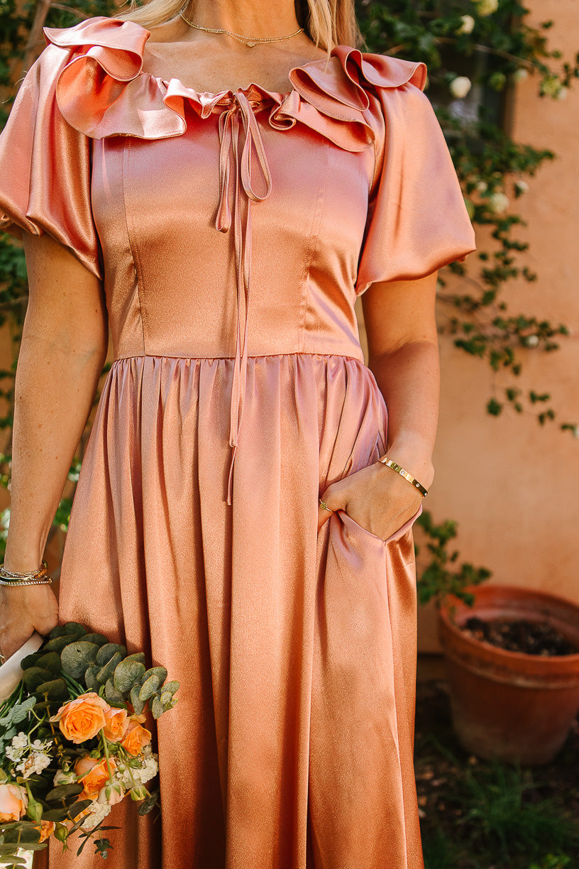 billie drape midi dress Billie Dress in Apricot Crush Satin