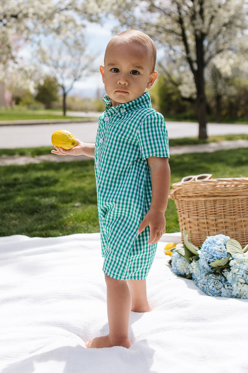 Baby Boy James Romper in Green Gingham FINAL SALE Ivy City Co