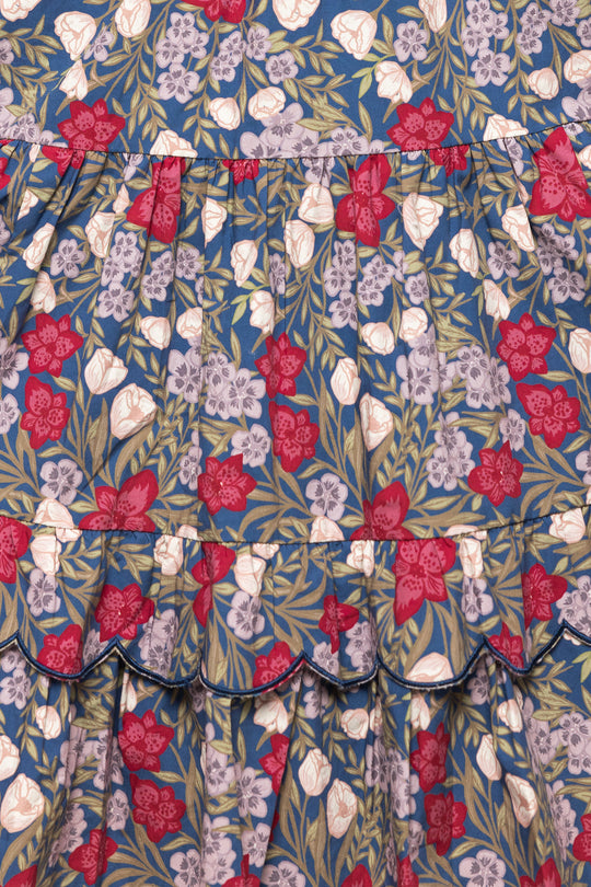 Floral patterned fabric with red, white, and blue flowers on a blue background