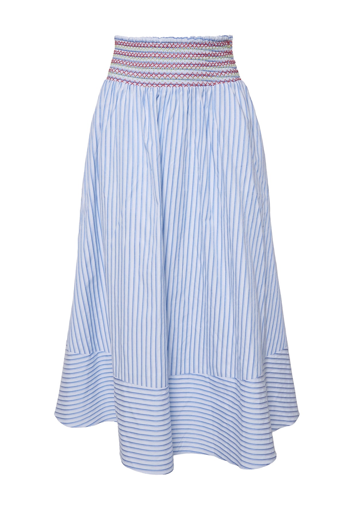 The Bluebell Skirt in Blue & White Stripes by Ivy City Co features a light, vertically-striped midi design with a high wide waistband, red and blue decorative stitching, flared hem, and is maternity-friendly for comfort and style.