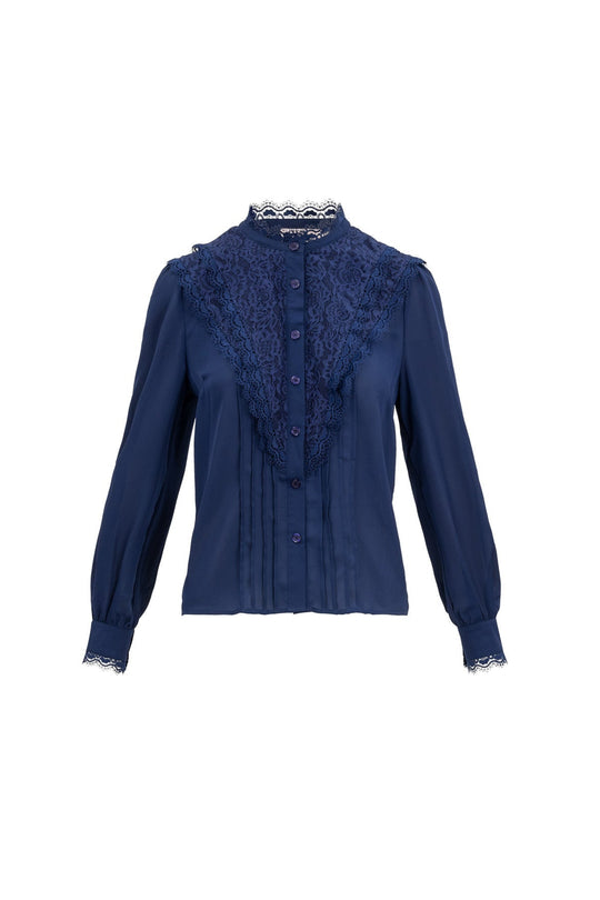 Blue blouse with lace detailing on a white background