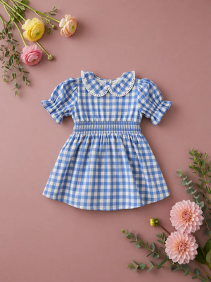 The Baby Hannah Dress Set in Blue Gingham by Ivy City Co features puffy sleeves, a hand-smocked bodice, and a lace-trimmed collar. It’s displayed on a pink surface with yellow, pink, and peach flowers amid green foliage.