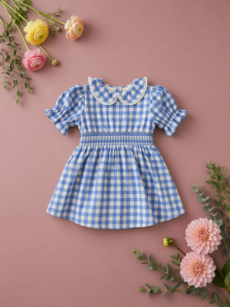 The Baby Hannah Dress Set in Blue Gingham by Ivy City Co features puffy sleeves, a hand-smocked bodice, and a lace-trimmed collar. It’s displayed on a pink surface with yellow, pink, and peach flowers amid green foliage.