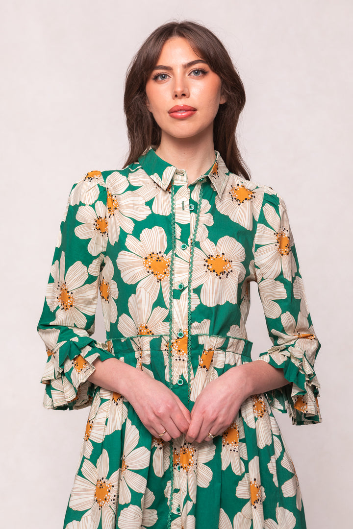 Bowie Dress in Green with White Floral