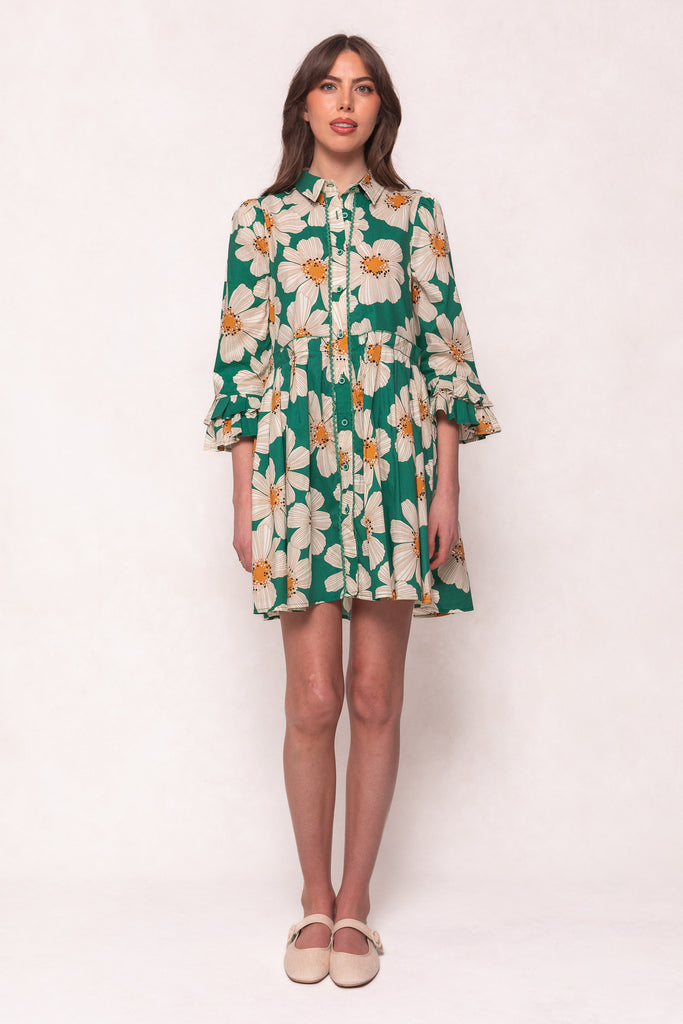 Bowie Dress in Green with White Floral