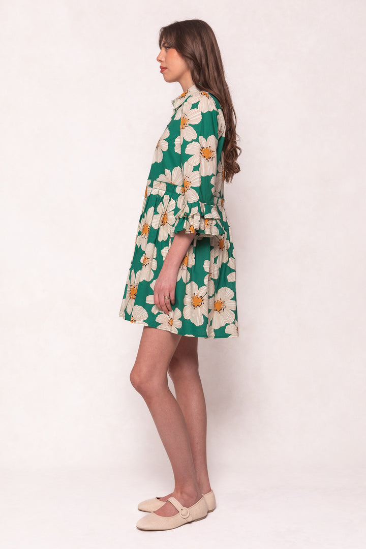 Bowie Dress in Green with White Floral