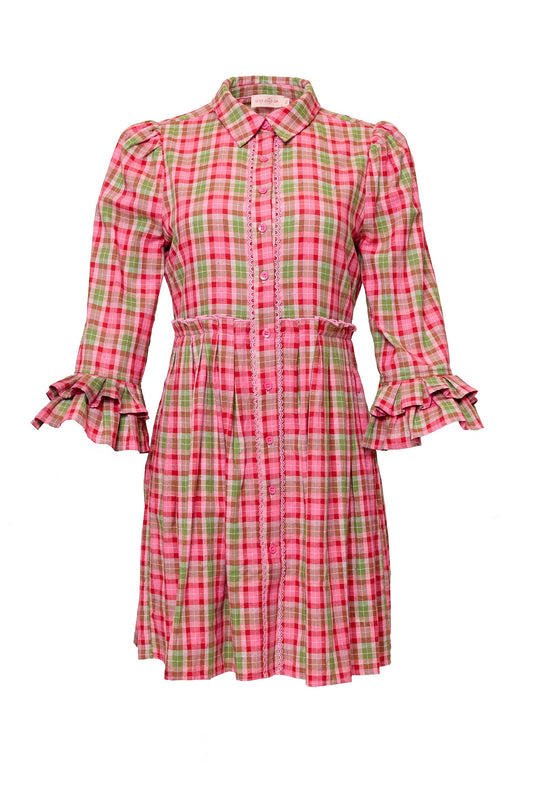 Pink and green plaid dress with ruffled sleeves on a white background