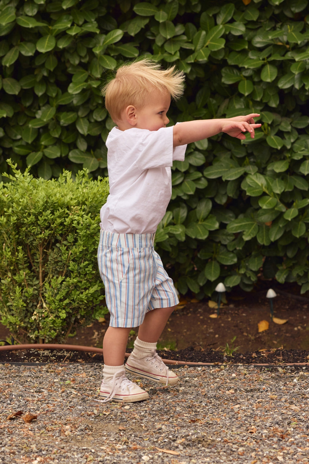 A young boy wearing a white shirt, Ivy City Co Boys' James Shorts in Heritage Stripe with an elastic waistband, and sneakers stands on gravel pointing excitedly, outdoors with green leafy bushes behind him.