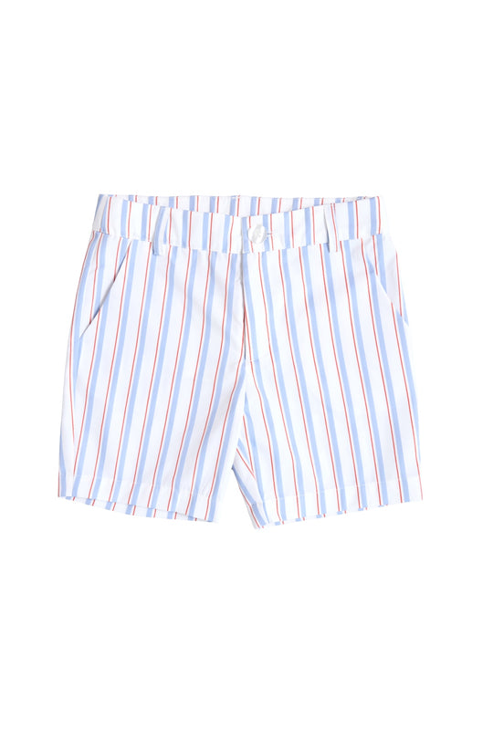 The Boys' James Shorts in Heritage Stripe by Ivy City Co feature blue and red vertical stripes, a front button and zipper closure, side pockets, and an elastic waistband for comfort, shown on a white background.