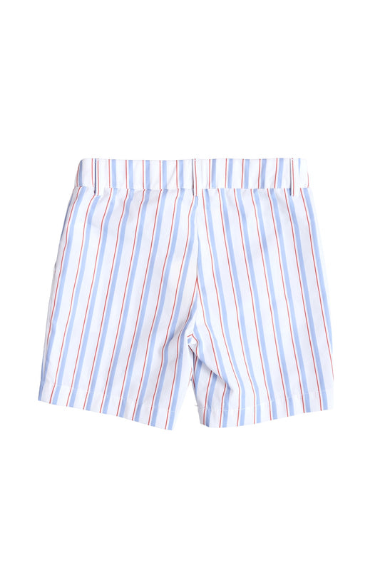 The Ivy City Co Boys' James Shorts in Heritage Stripe feature vertical red and blue stripes, a light blue base, and an elastic waistband for comfort—perfect summer shorts for boys shown on a plain white background.
