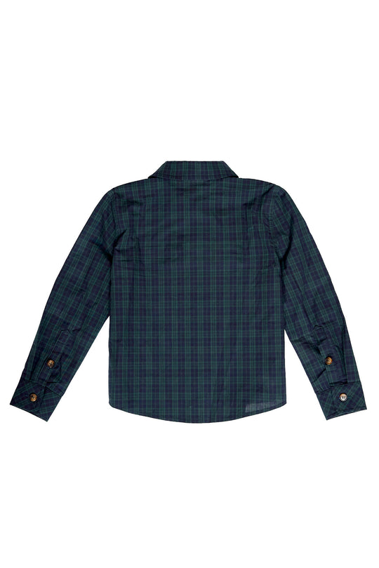 Back view of a plaid shirt with button details on a white background