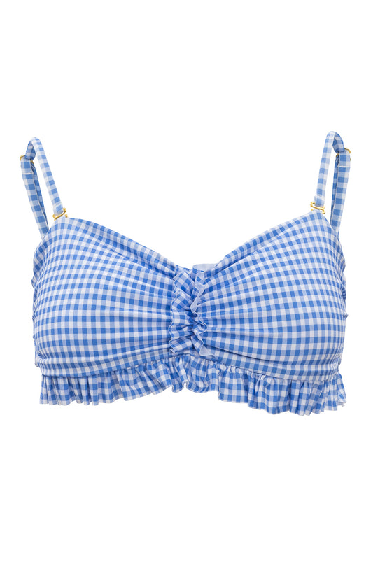 Meet the Brandi Bandeau Top in Blakely Gingham by Ivy City Co—a blue and white gingham bikini top with adjustable straps, ruched center, and a ruffled hem, perfect for your next sunny getaway.