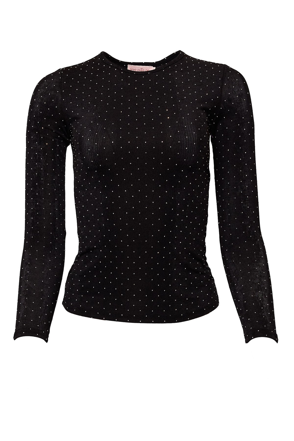 Black long-sleeve top with white polka dots on a white background