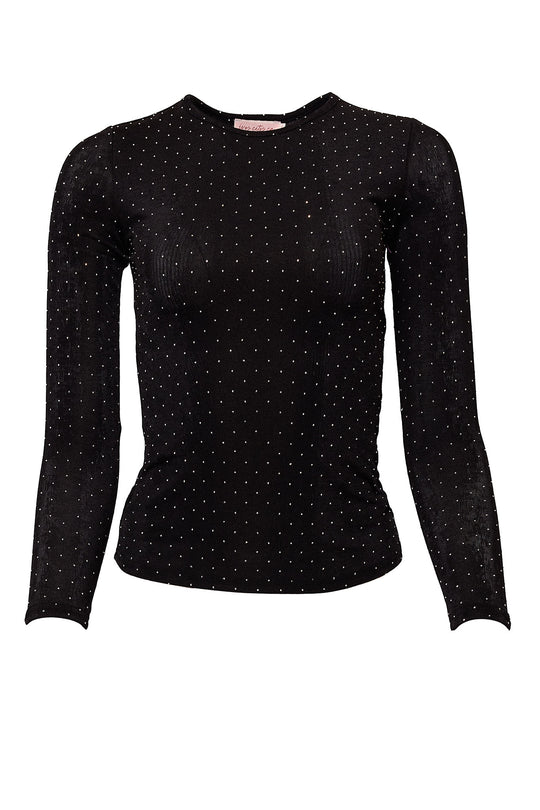 Black long-sleeve top with white polka dots on a white background