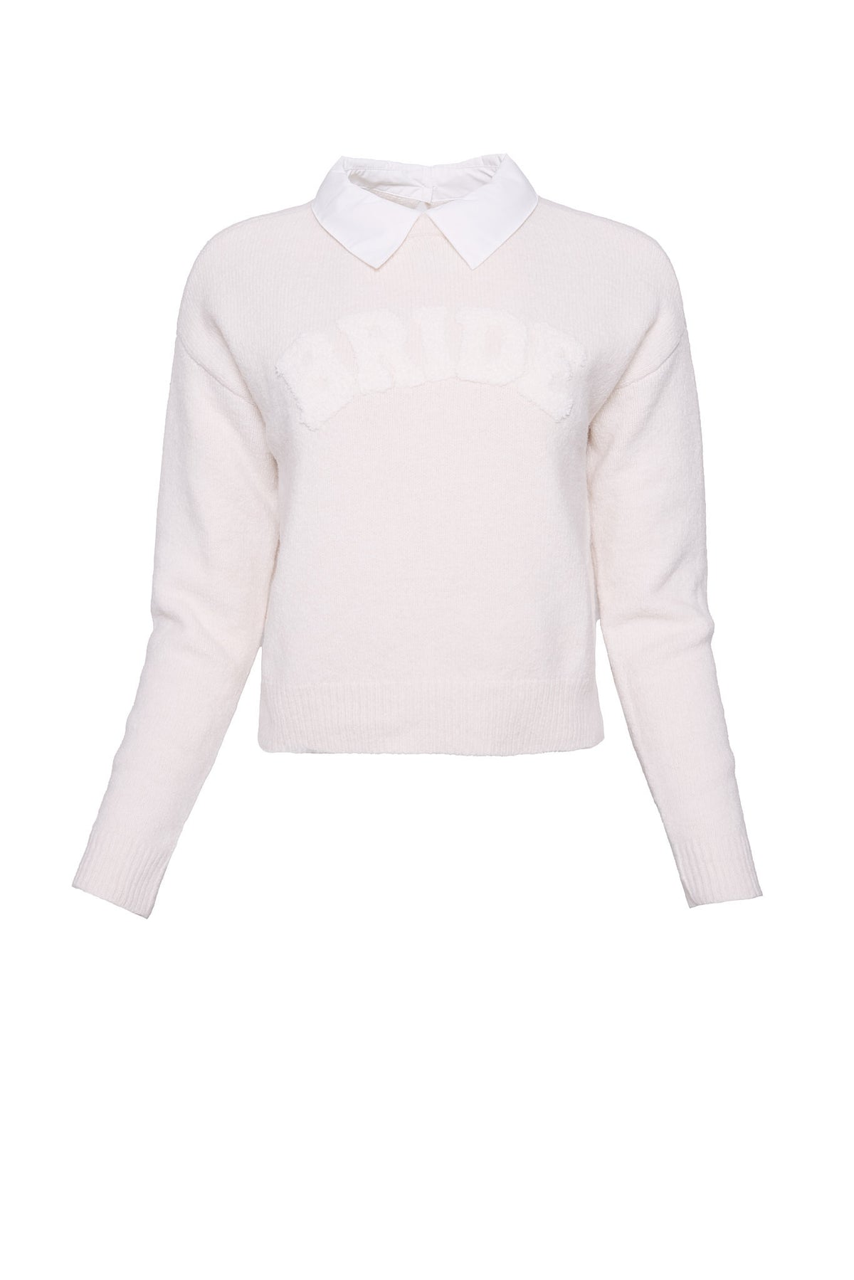 white collared sweatshirt with the word bride on the bodice against a white background