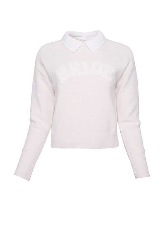 white collared sweatshirt with the word bride on the bodice against a white background