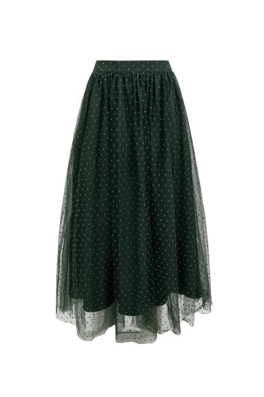 Green polka dot skirt on a white background