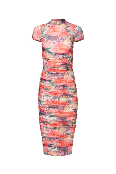 The Brynn Short Sleeve Dress in Multicolor Floral by Ivy City Co is a knee-length, ruched midi dress with a high neckline and pink, peach, and green floral pattern. Flattering side ruching completes this vibrant look.