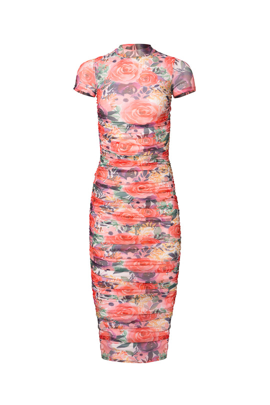 The Brynn Short Sleeve Dress in Multicolor Floral by Ivy City Co is a knee-length, ruched midi dress with a high neckline and pink, peach, and green floral pattern. Flattering side ruching completes this vibrant look.