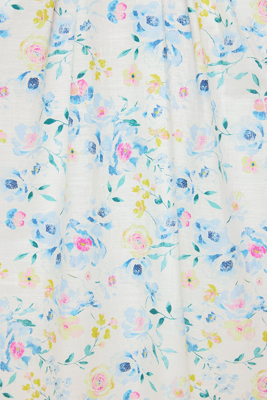 Crafted from a light, watercolor-inspired fabric adorned with a pastel floral pattern of blue, pink, and yellow flowers with green leaves on a white background, the Sophia Dress in Blue Bouquet by Ivy City Co offers everyday comfort in a charming nursing-friendly design—perfect for your next bouquet-inspired look.