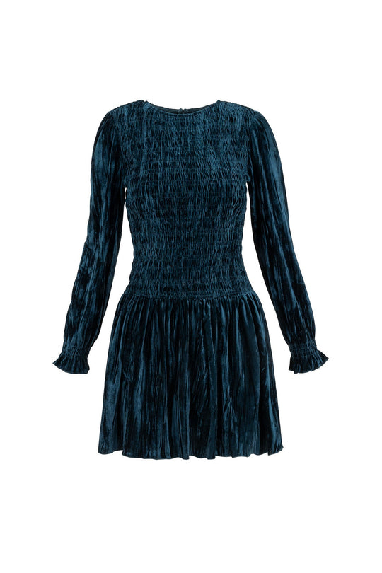 Blue velvet dress with long sleeves on a white background