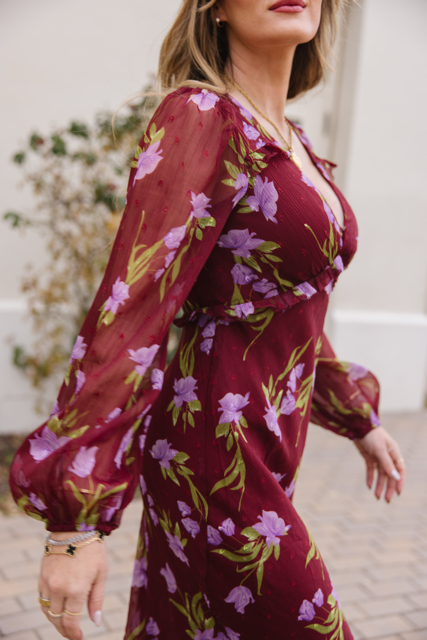 long sleeve burgundy floral dress Calantha Dress in Burgundy Floral – Ivy City Co