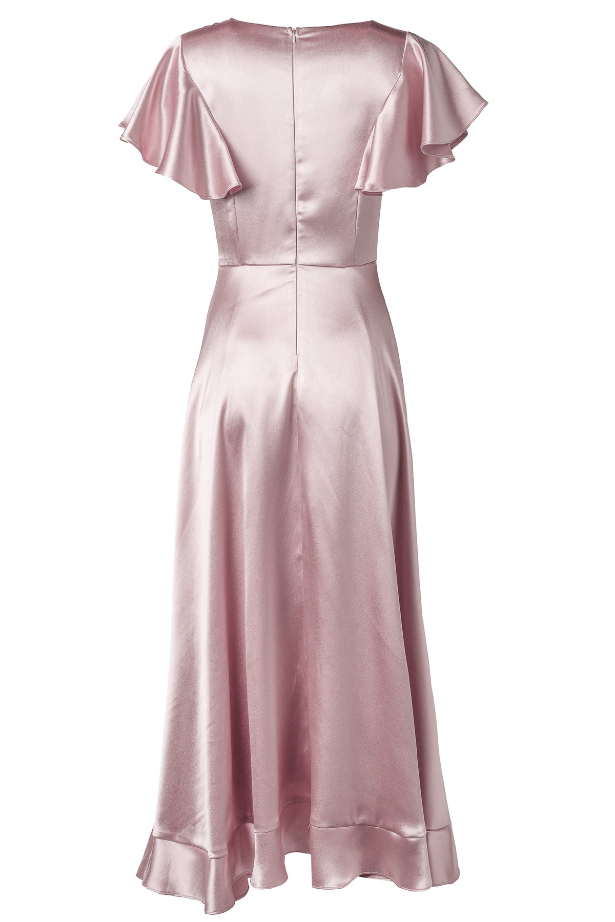 Back view of the Ivy City Co Callie Dress in Blush Satin, featuring short flutter sleeves, a fitted waist, flared hem, and subtle sheen—an elegant choice for any bridal party.