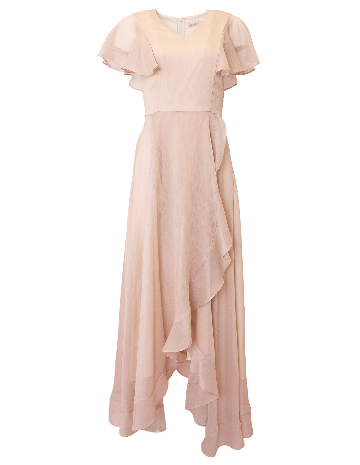 The Ivy City Co Callie Dress in Champagne Chiffon is a long, light pink bridesmaid dress with short flutter sleeves, a fitted bodice, and a flowing layered skirt with ruffled details for an elegant look.