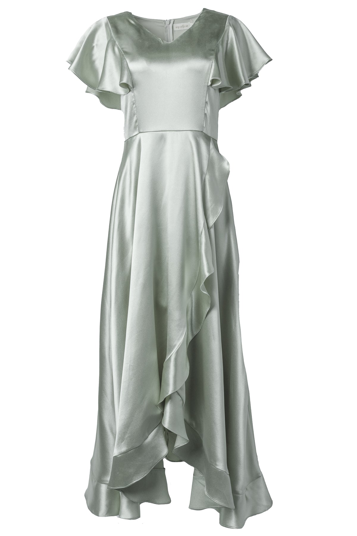 The Callie Dress in Sage Satin by Ivy City Co features flutter sleeves, a fitted waist, and an asymmetrical ruffled hem in soft, shiny fabric—an elegant choice for any bridal party.