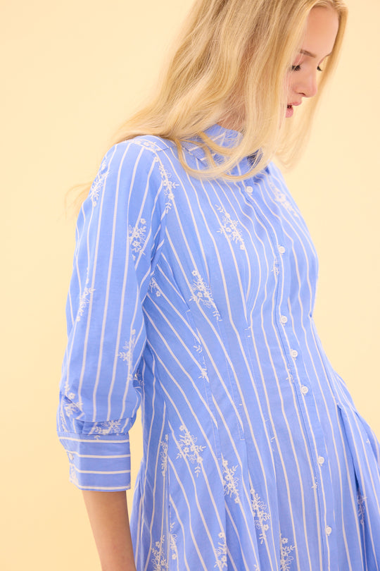 Woman wearing a blue and white striped dress with floral patterns on a beige background