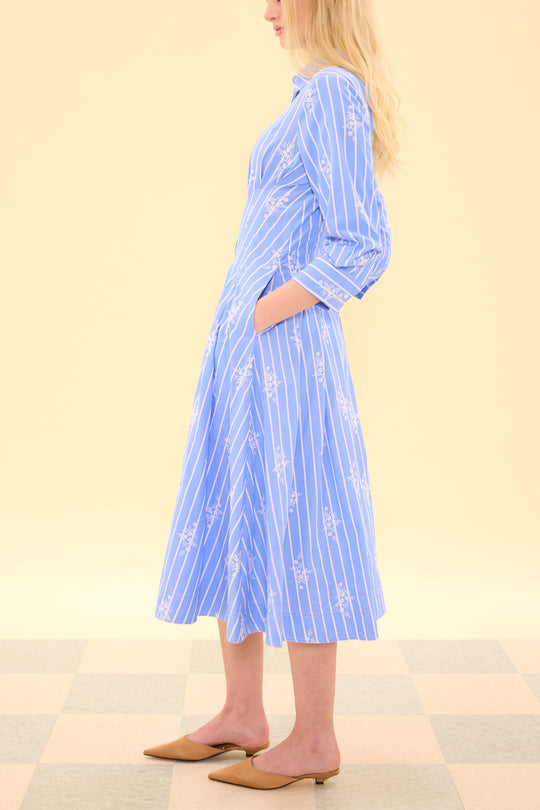 Woman wearing a blue striped dress on a beige background