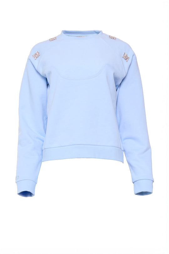 blue sweatshirt against a white background
