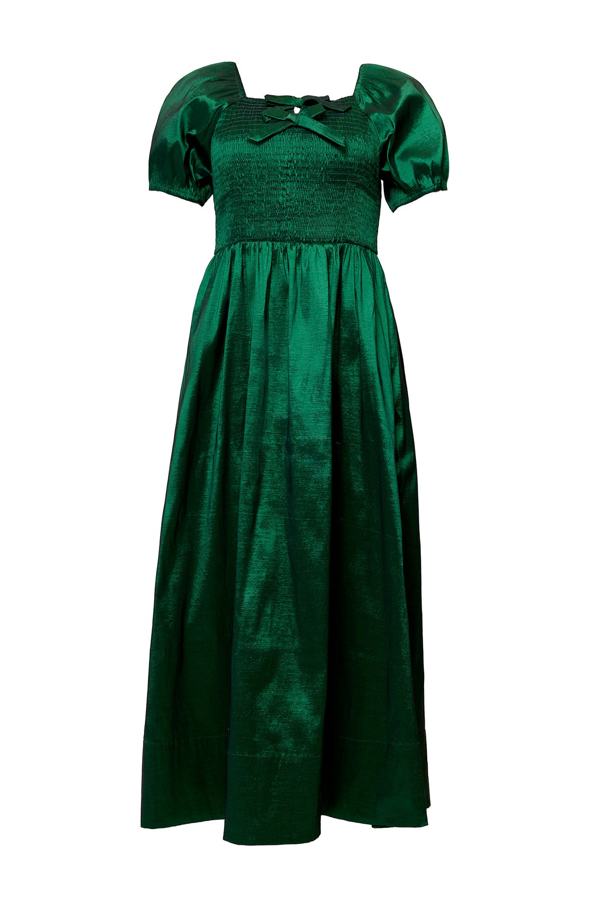 Green dress with puff sleeves on a white background