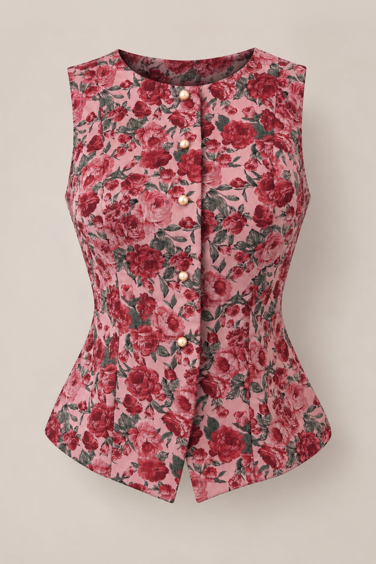 The Ciara Vest in Antiquity Rose by Ivy City Co is a sleeveless, fitted jacquard vest featuring a striking pink and red floral pattern, pearl buttons down the front, and a pointed hem. Designed with a structured, tailored silhouette and no collar, this elegant piece is nursing friendly—making it an ideal choice for your next holiday party.