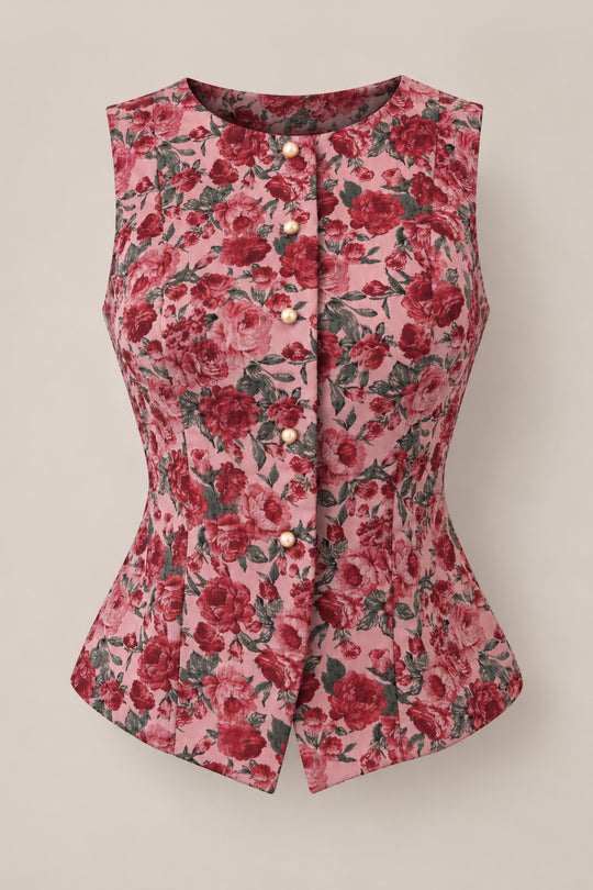 The Ciara Vest in Antiquity Rose by Ivy City Co is a sleeveless, fitted jacquard vest featuring a striking pink and red floral pattern, pearl buttons down the front, and a pointed hem. Designed with a structured, tailored silhouette and no collar, this elegant piece is nursing friendly—making it an ideal choice for your next holiday party.