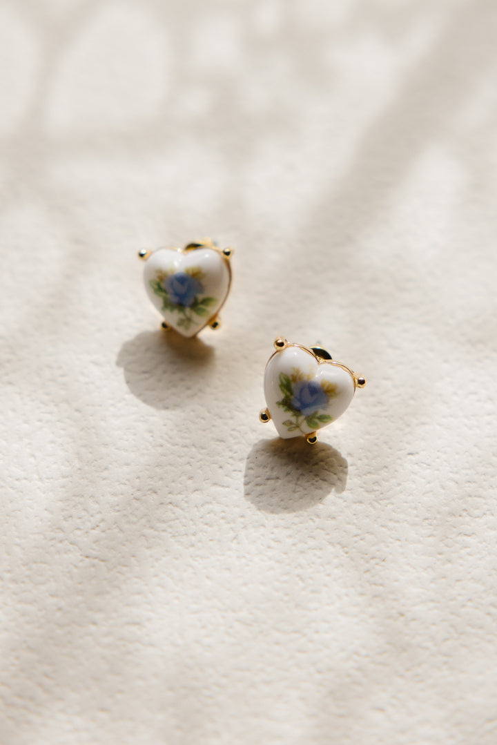 Porcelain Blue Rose Heart Earrings