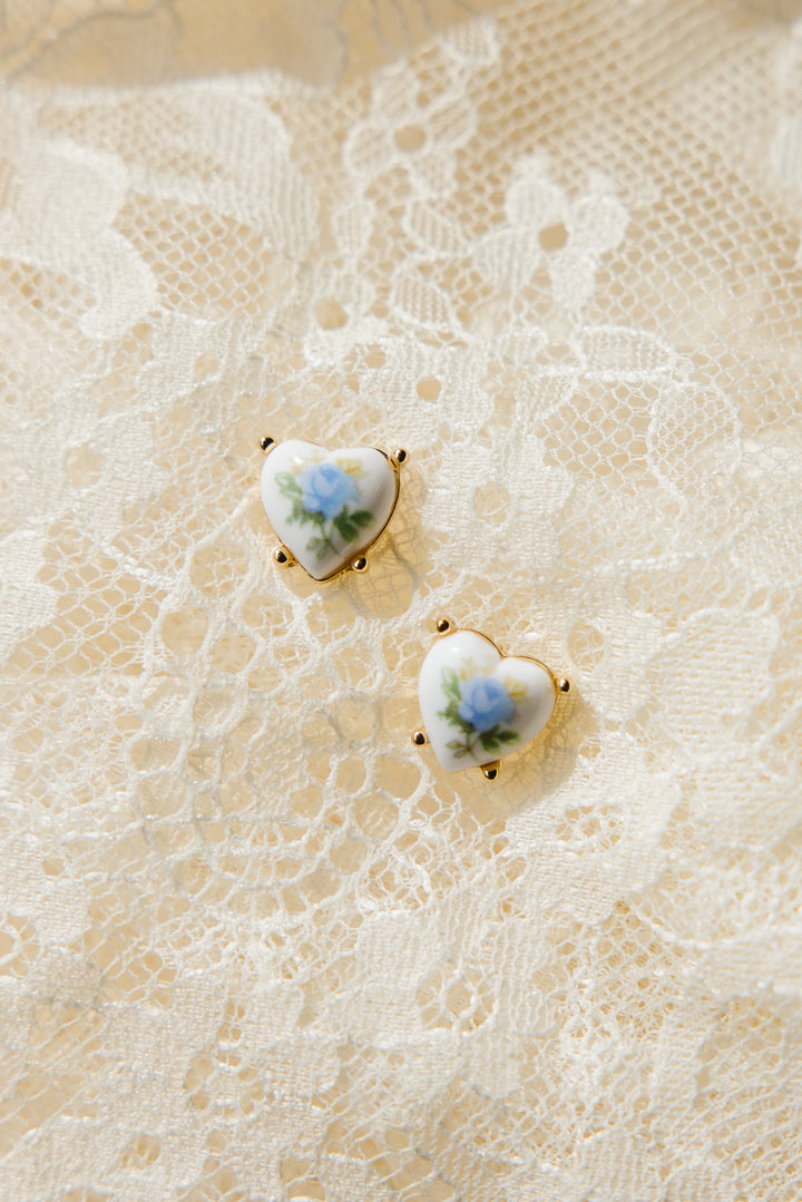 Porcelain Blue Rose Heart Earrings