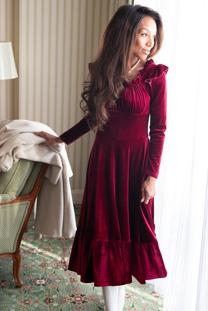 Cleopatra Flare Dress in Wine Velvet