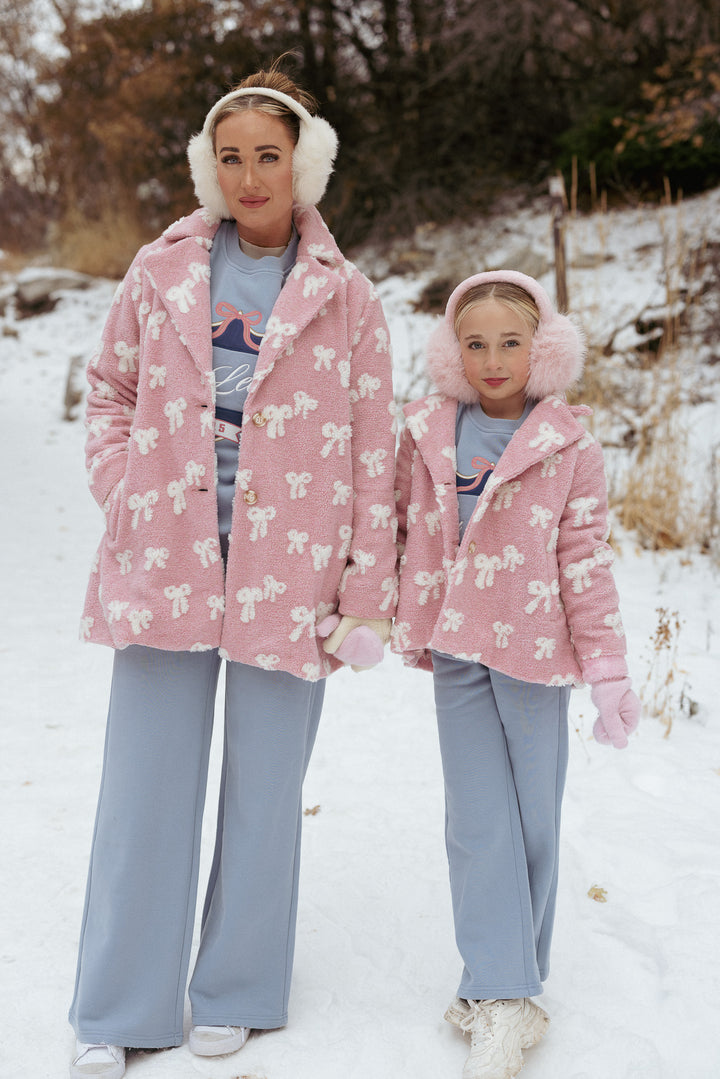 Teddy Coat in Pink Bow Print