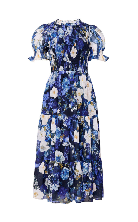 Blue floral dress against a white background